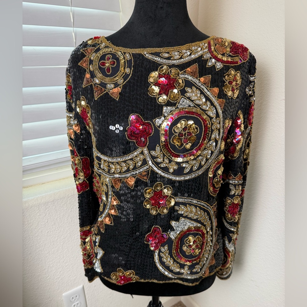 Scala 80's Vintage 100% Silk Sequined beaded blouse